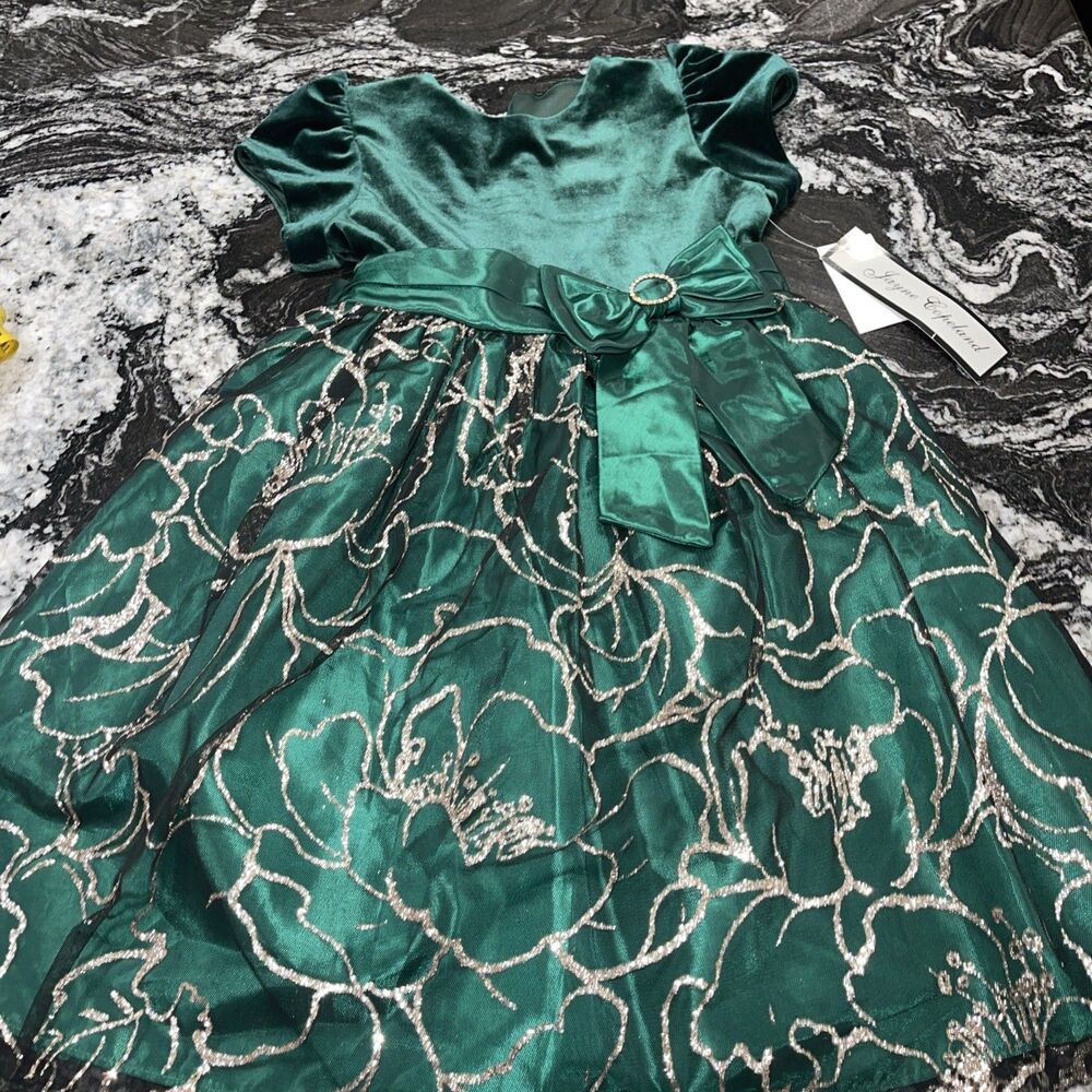 Jane Copeland Girls Festive Green Holiday Dress 6 Velvet Bodice Glitter Tulle
